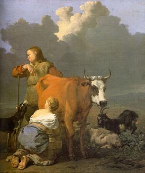 Karel Dujardin : Woman Milking a Red Cow